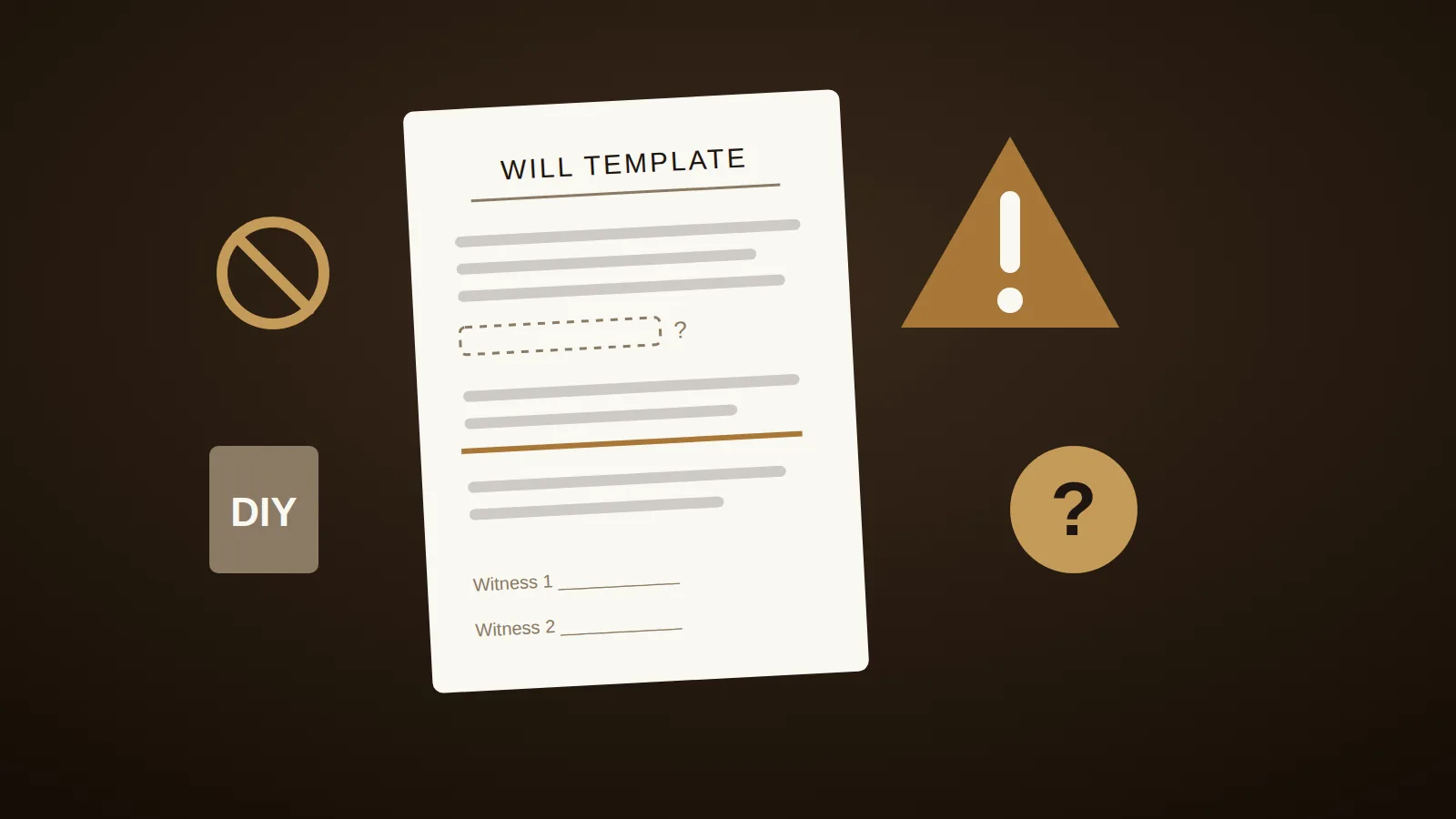 A DIY will template with blank fields, errors and missing witness signatures